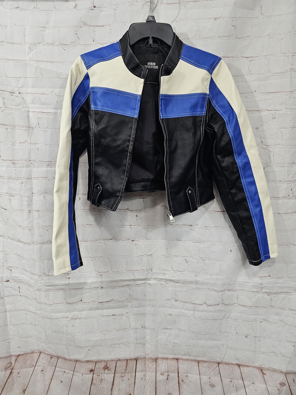 Urban Outfitters Black, Blue & Cream Cropped Colorblock Moto Jacket